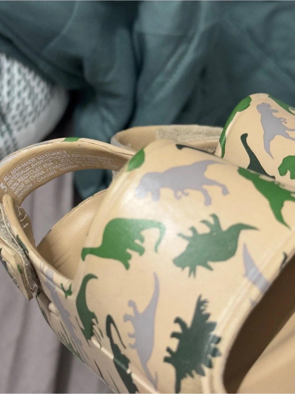 The Children's Place Beige Sandals with Green & Gray Dinosaur Print
